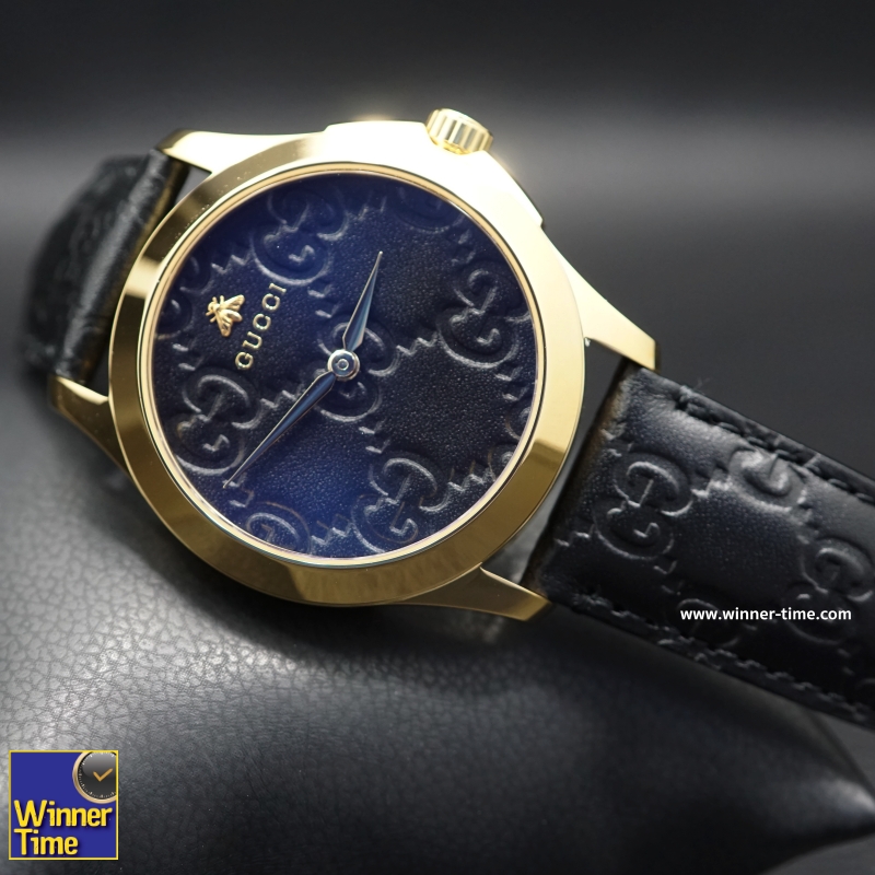 นาฬิกาGucci Gold-Tone and Leather Casual Black Watch รุ่น YA1264034