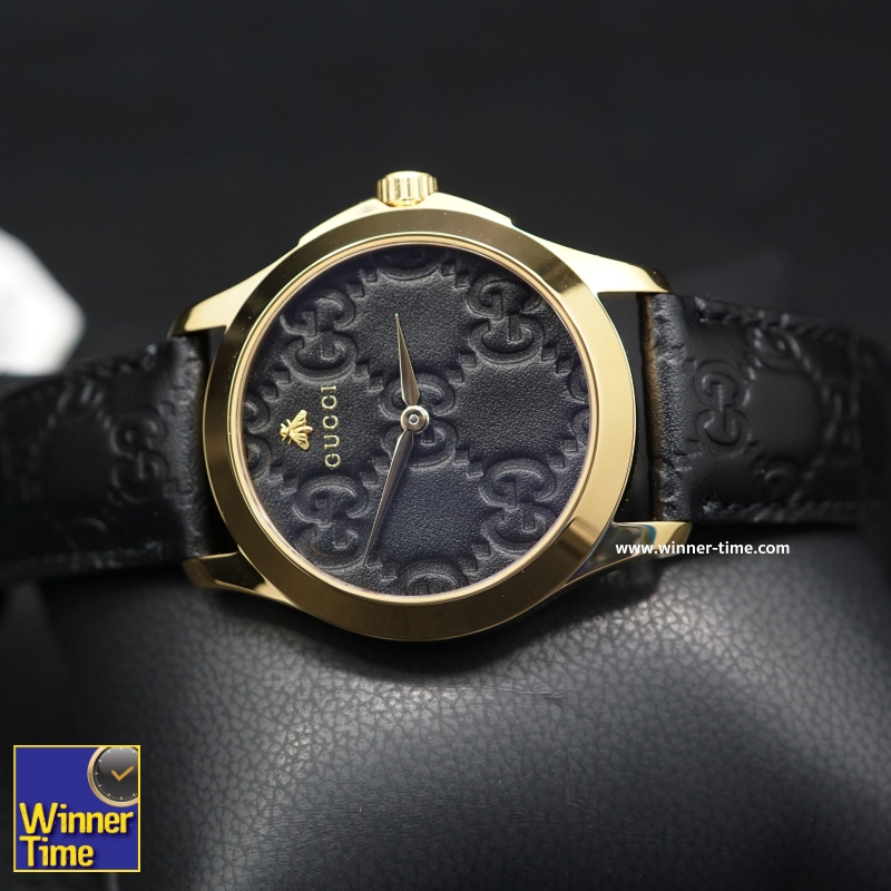 นาฬิกาGucci Gold-Tone and Leather Casual Black Watch รุ่น YA1264034