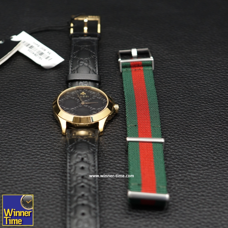นาฬิกาGucci Gold-Tone and Leather Casual Black Watch รุ่น YA1264034