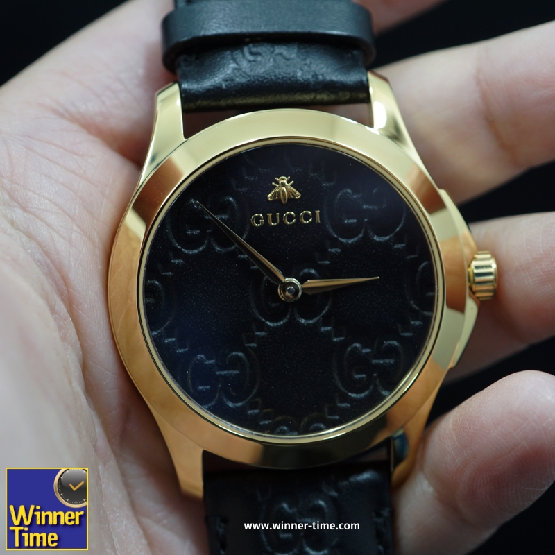 นาฬิกาGucci Gold-Tone and Leather Casual Black Watch รุ่น YA1264034