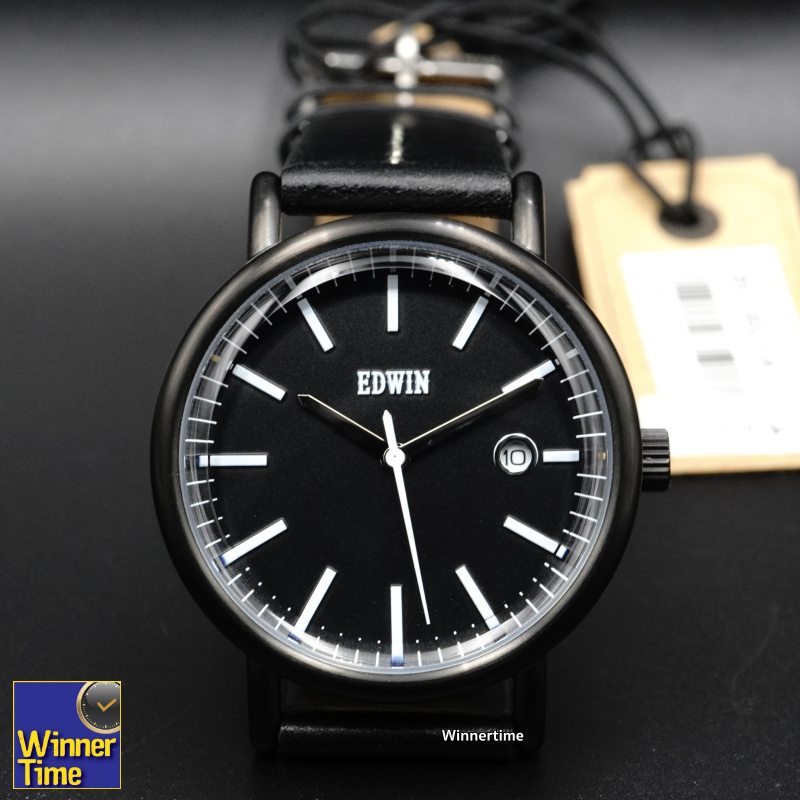 นาฬิกา EDWIN Quartz EPIC รุ่น EW1L002L0124 ตัวเรือนสแตนเลสรมดำ สายหนังสีดำ