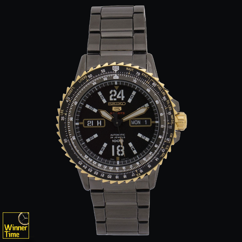 SEIKO 5 Sport Automatic Jewels Black Dial Black Stainless Steel Day Date Display รุ่น SRP356K1,SRP356K,SRP356