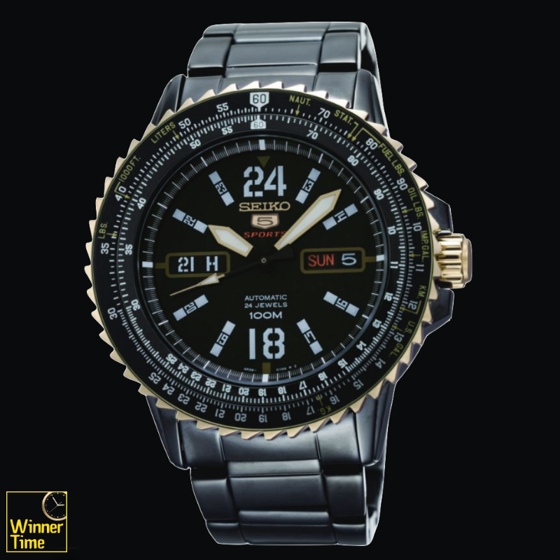 SEIKO 5 Sport Automatic Jewels Black Dial Black Stainless Steel Day Date Display รุ่น SRP356K1,SRP356K,SRP356