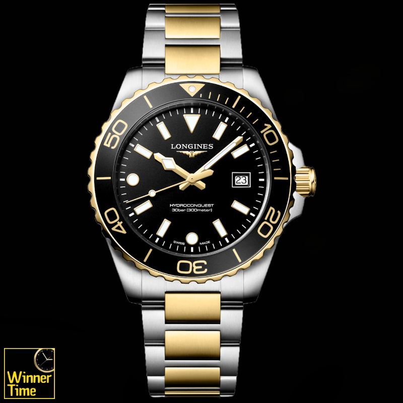 นาฬิกาข้อมือผู้ชายจากแบรนด์หรูสวิส Longines HYDROCONQUESTควอตซ์ Ø 42.00 mm สแตนเลสสตีลและเคลือบ pvd สีเหลือง รุ่น L3.769.3.56.7
