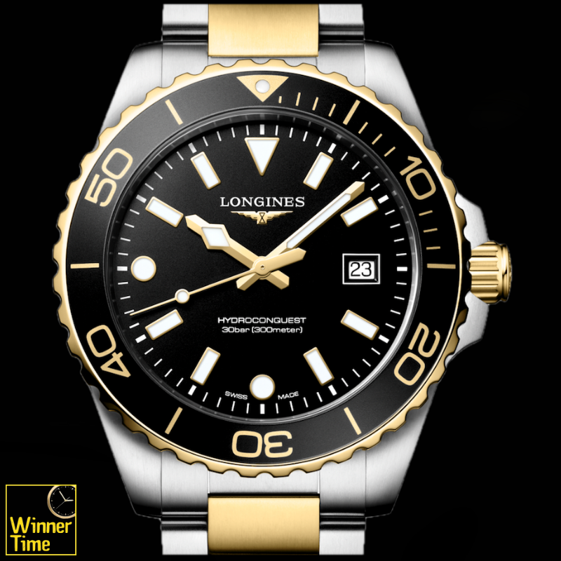 นาฬิกาข้อมือผู้ชายจากแบรนด์หรูสวิส Longines HYDROCONQUESTควอตซ์ Ø 42.00 mm สแตนเลสสตีลและเคลือบ pvd สีเหลือง รุ่น L3.769.3.56.7