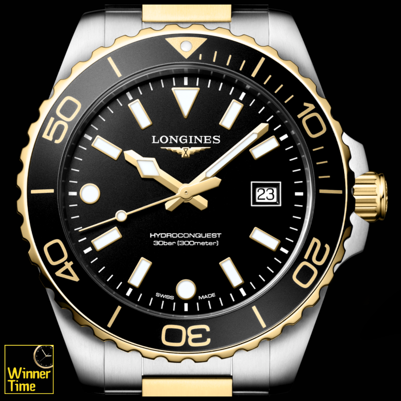 นาฬิกาข้อมือผู้ชายจากแบรนด์หรูสวิส Longines HYDROCONQUESTควอตซ์ Ø 42.00 mm สแตนเลสสตีลและเคลือบ pvd สีเหลือง รุ่น L3.769.3.56.7